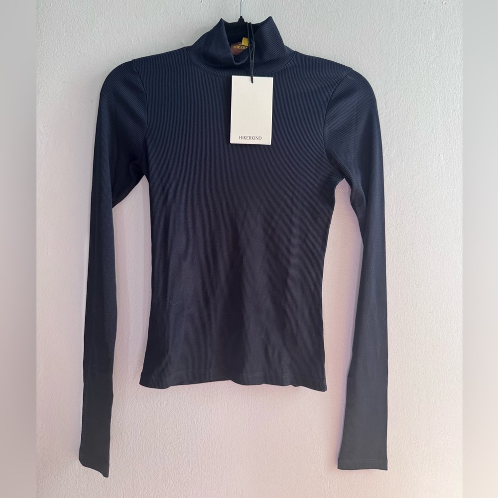 Women's Hikerkind Navy Turtleneck Top ribbed merino